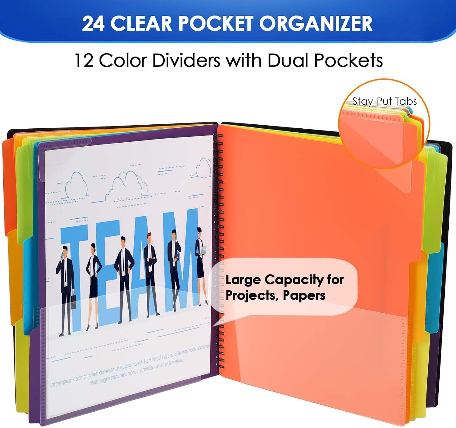 image:imageKTRIO 24 Pocket Project Organizer Letter Size Spiral Binder Black 24 Pocket Storage Letter Size Fit WaterResistant Poly Zip Pouch Included Writable Color TabsBlack
