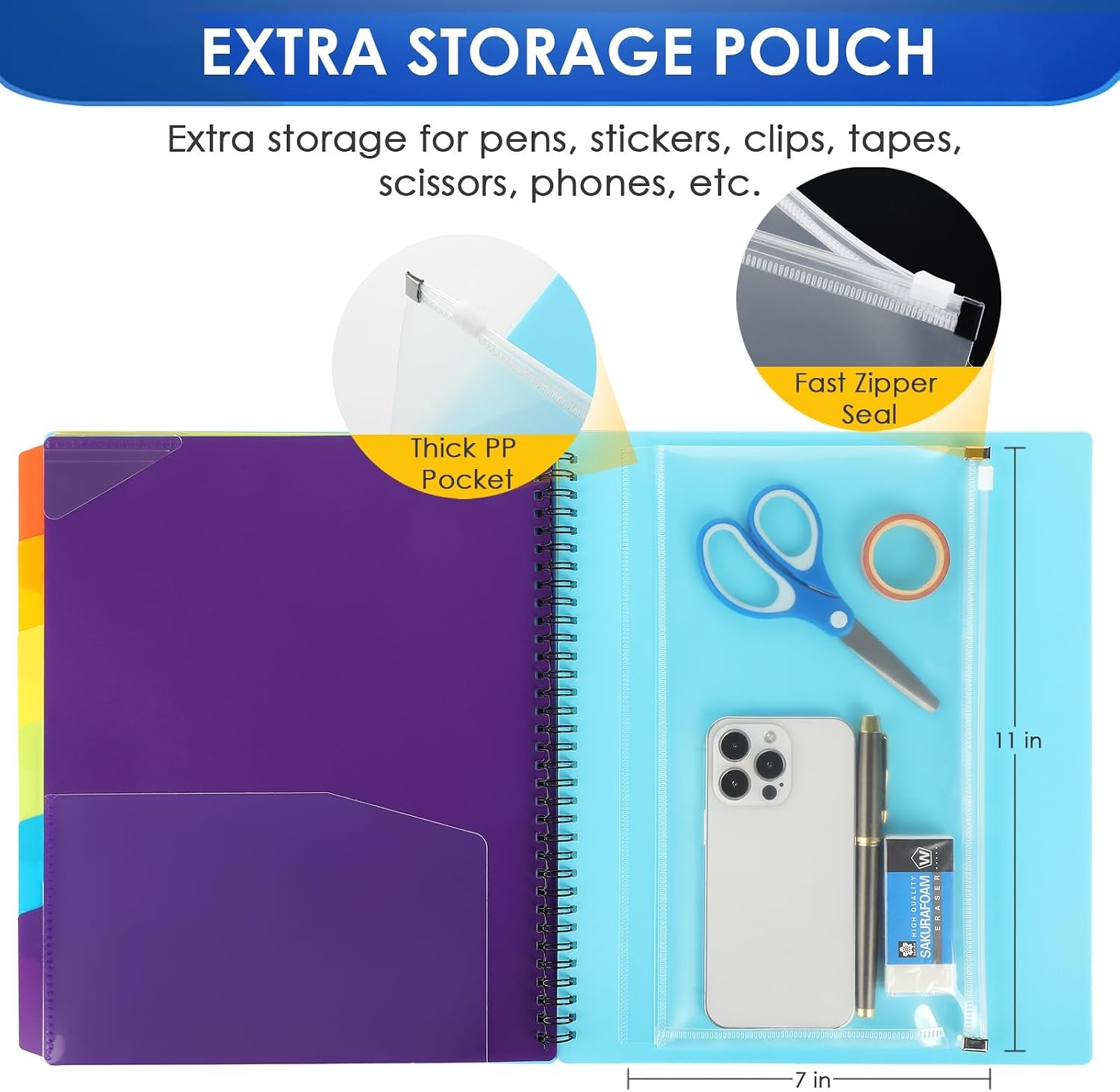 image:imageKTRIO 24 Pocket Project Organizer Letter Size Spiral Binder Black 24 Pocket Storage Letter Size Fit WaterResistant Poly Zip Pouch Included Writable Color TabsBlue