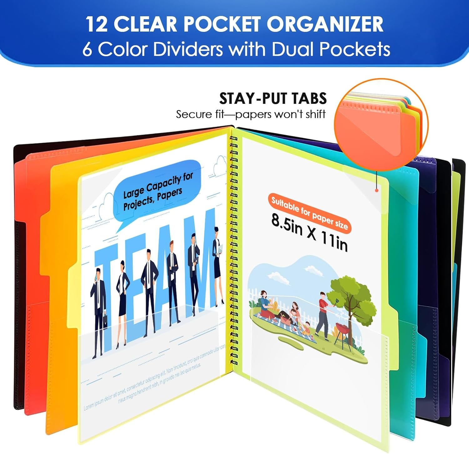 image:imageKTRIO 24 Pocket Project Organizer Letter Size Spiral Binder Black 24 Pocket Storage Letter Size Fit WaterResistant Poly Zip Pouch Included Writable Color TabsBlack