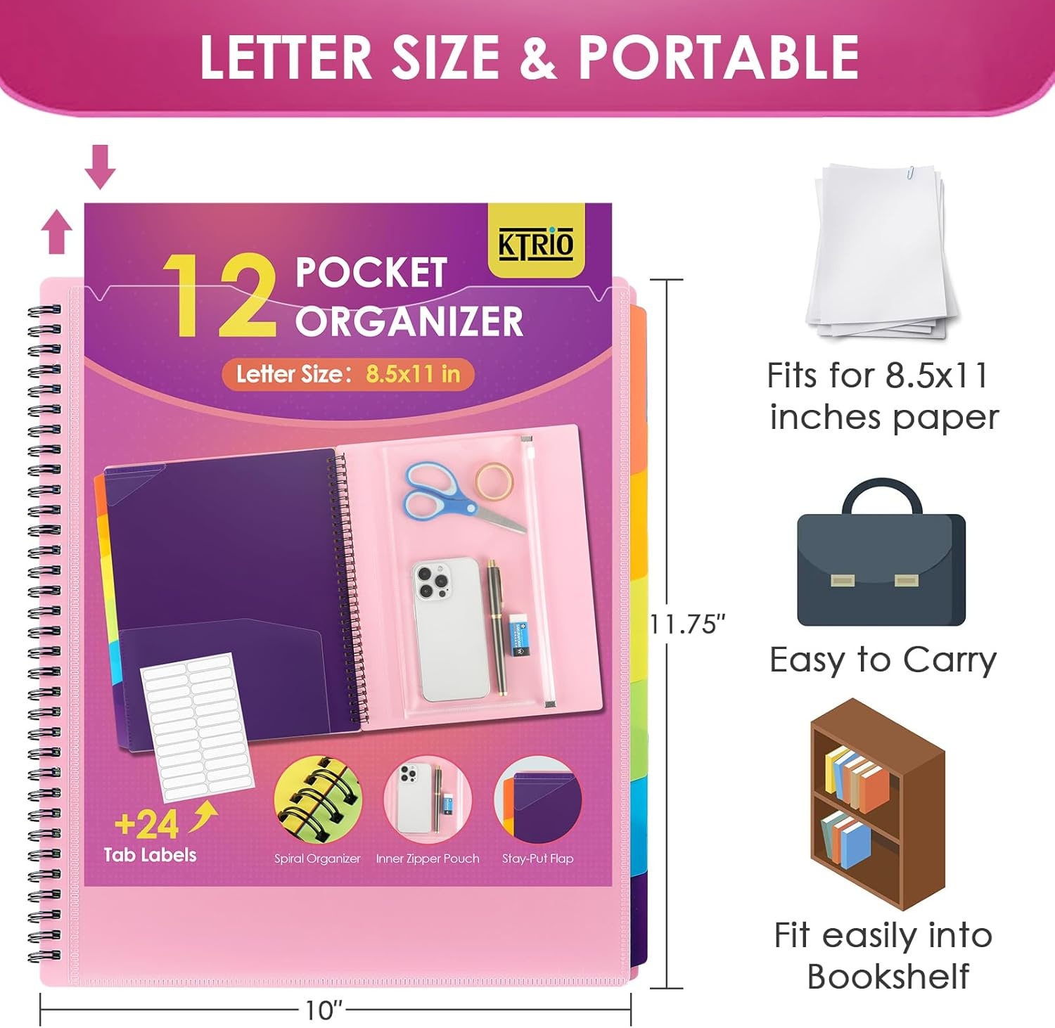 image:imageKTRIO 24 Pocket Project Organizer Letter Size Spiral Binder Black 24 Pocket Storage Letter Size Fit WaterResistant Poly Zip Pouch Included Writable Color TabsPink