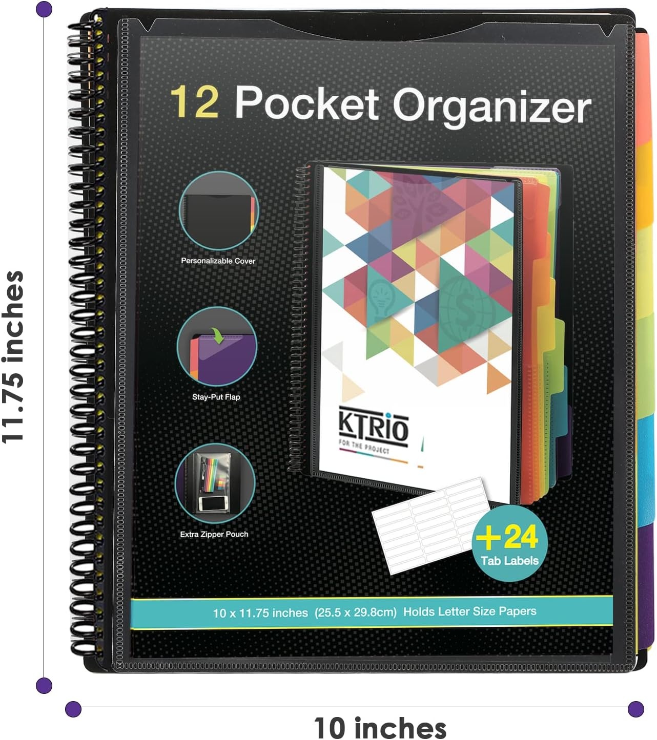 image:imageKTRIO 24 Pocket Project Organizer Letter Size Spiral Binder Black 24 Pocket Storage Letter Size Fit WaterResistant Poly Zip Pouch Included Writable Color TabsBlack