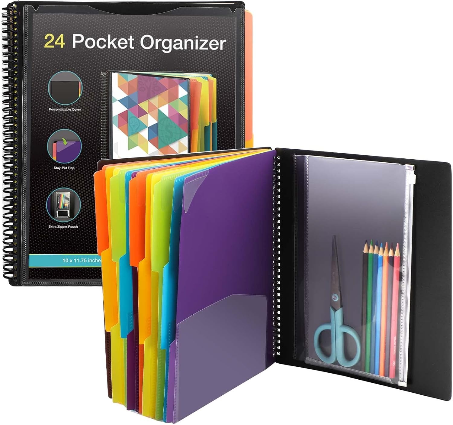 image:imageKTRIO 24 Pocket Project Organizer Letter Size Spiral Binder Black 24 Pocket Storage Letter Size Fit WaterResistant Poly Zip Pouch Included Writable Color TabsBlack