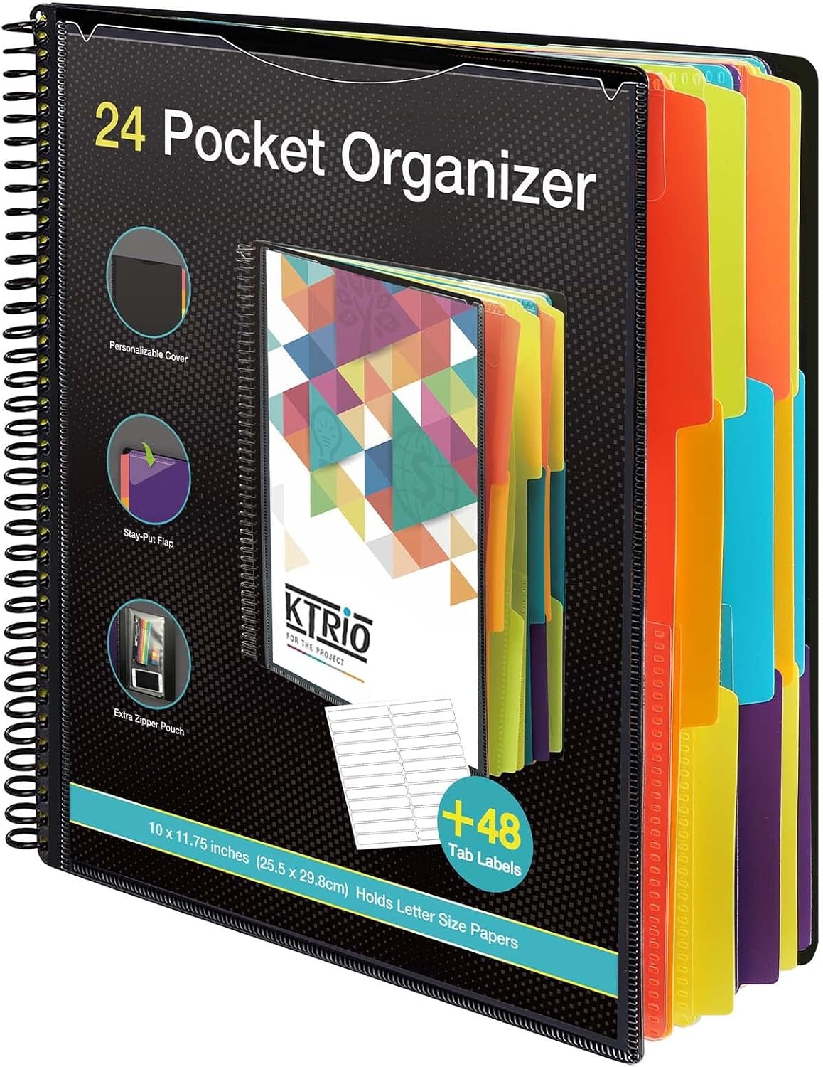 image:imageKTRIO 24 Pocket Project Organizer Letter Size Spiral Binder Black 24 Pocket Storage Letter Size Fit WaterResistant Poly Zip Pouch Included Writable Color TabsBlack