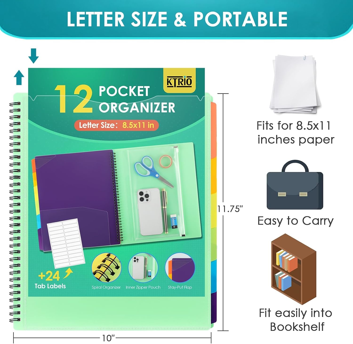 image:imageKTRIO 24 Pocket Project Organizer Letter Size Spiral Binder Black 24 Pocket Storage Letter Size Fit WaterResistant Poly Zip Pouch Included Writable Color TabsGreen