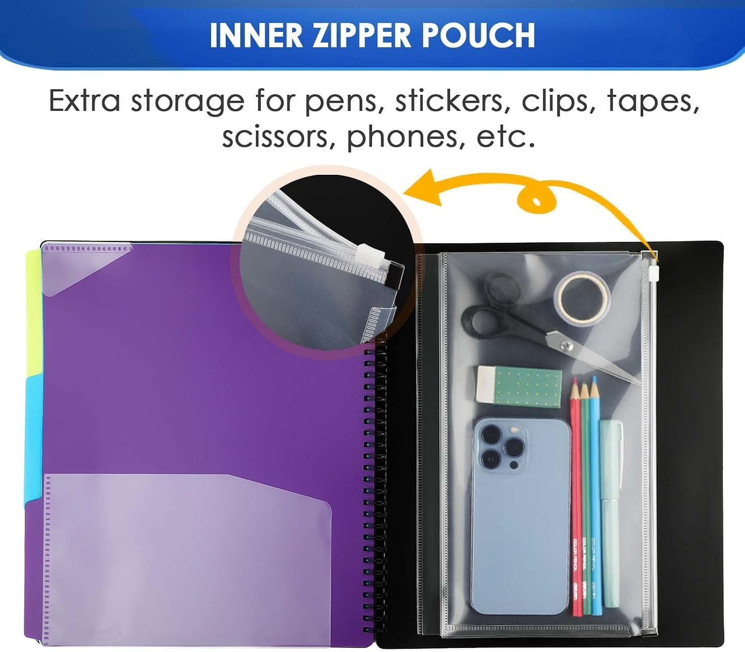 image:imageKTRIO 24 Pocket Project Organizer Letter Size Spiral Binder Black 24 Pocket Storage Letter Size Fit WaterResistant Poly Zip Pouch Included Writable Color TabsBlack