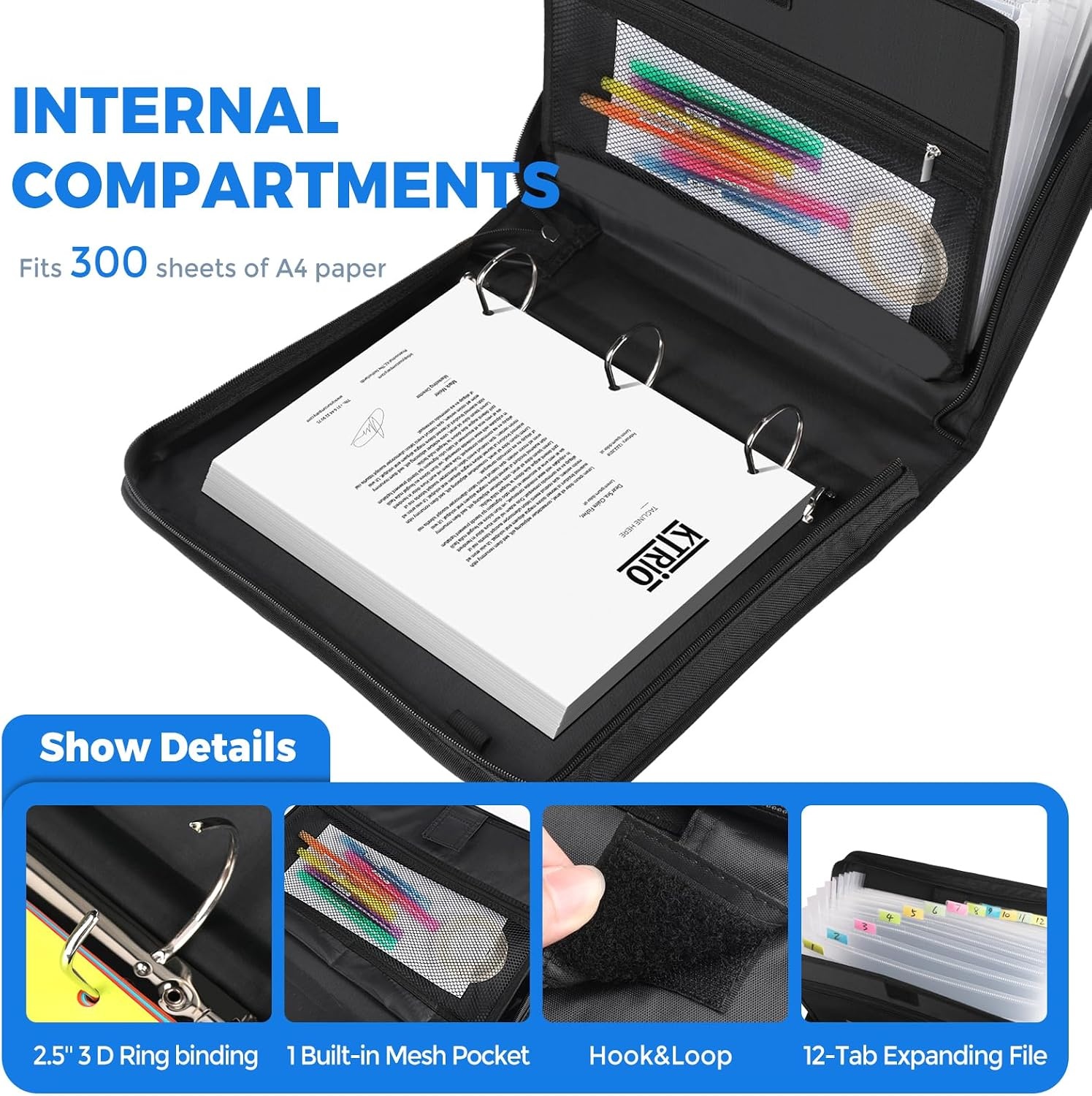 image:imageKTRIO 3 Ring Zipper Binder 12 Tab Expanding File 300 Sheets Black Durable Fabric Cover 12 Tab Expanding File 300 Sheet Capacity Zipper Storage Handle amp Shoulder StrapBlack