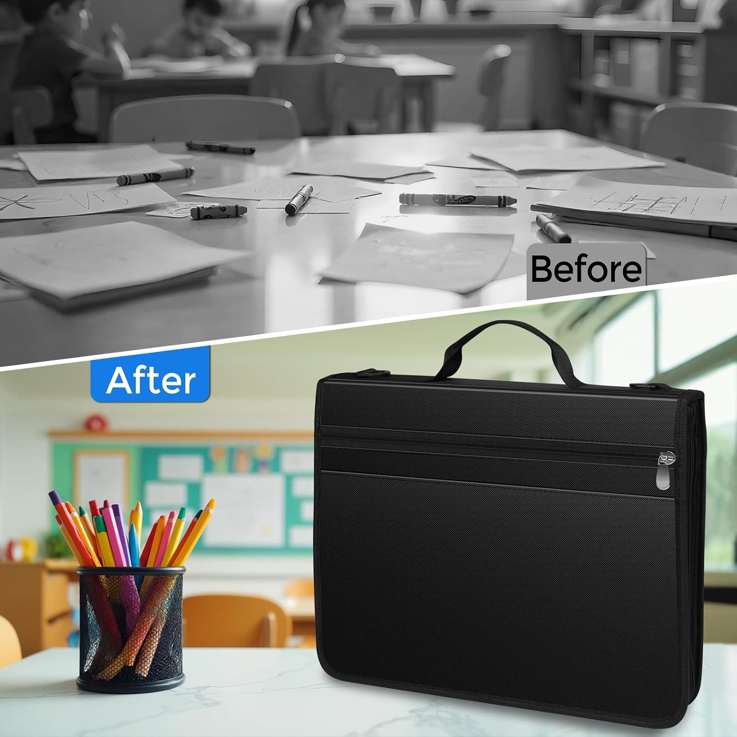 image:imageKTRIO 3 Ring Zipper Binder 12 Tab Expanding File 300 Sheets Black Durable Fabric Cover 12 Tab Expanding File 300 Sheet Capacity Zipper Storage Handle amp Shoulder StrapBlack