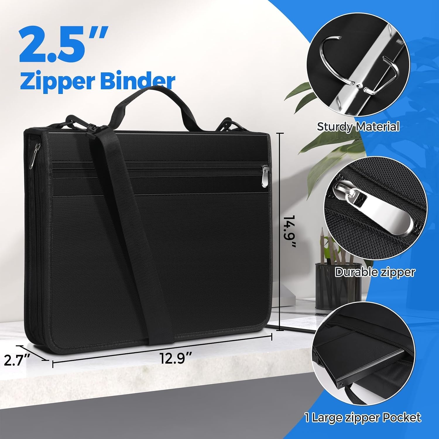 image:imageKTRIO 3 Ring Zipper Binder 12 Tab Expanding File 300 Sheets Black Durable Fabric Cover 12 Tab Expanding File 300 Sheet Capacity Zipper Storage Handle amp Shoulder StrapBlack
