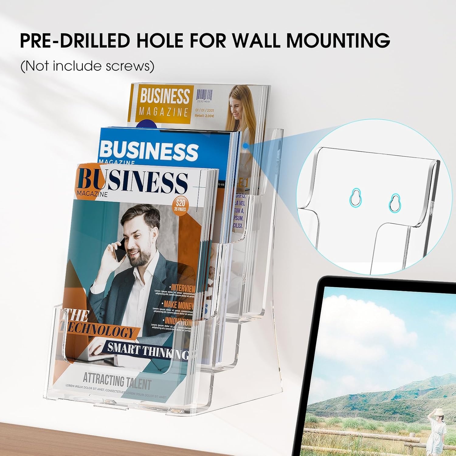 image:imageKTRIO 3 Tier Acrylic Brochure Holder 85 x 11 2 Pack DesktopWall Mount With Removable Divider for 4 Inch Flyers Clear Literature Display Stand for Magazines Pamphlet Catalogs Booklets Menus85 x 11 2 Pack 3 Tier