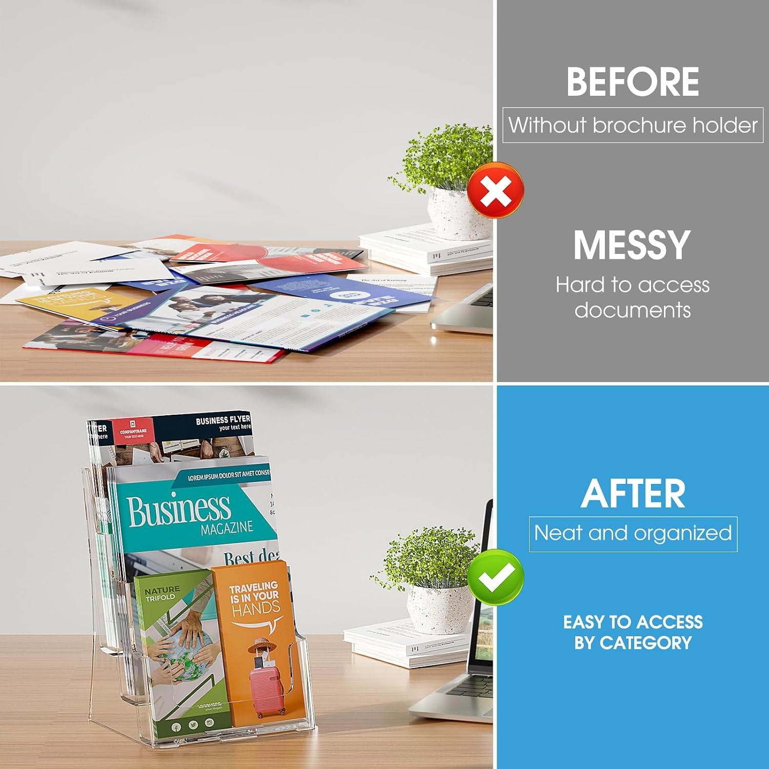 image:imageKTRIO 3 Tier Acrylic Brochure Holder 85 x 11 2 Pack DesktopWall Mount With Removable Divider for 4 Inch Flyers Clear Literature Display Stand for Magazines Pamphlet Catalogs Booklets Menus85 x 11 2 Pack 3 Tier