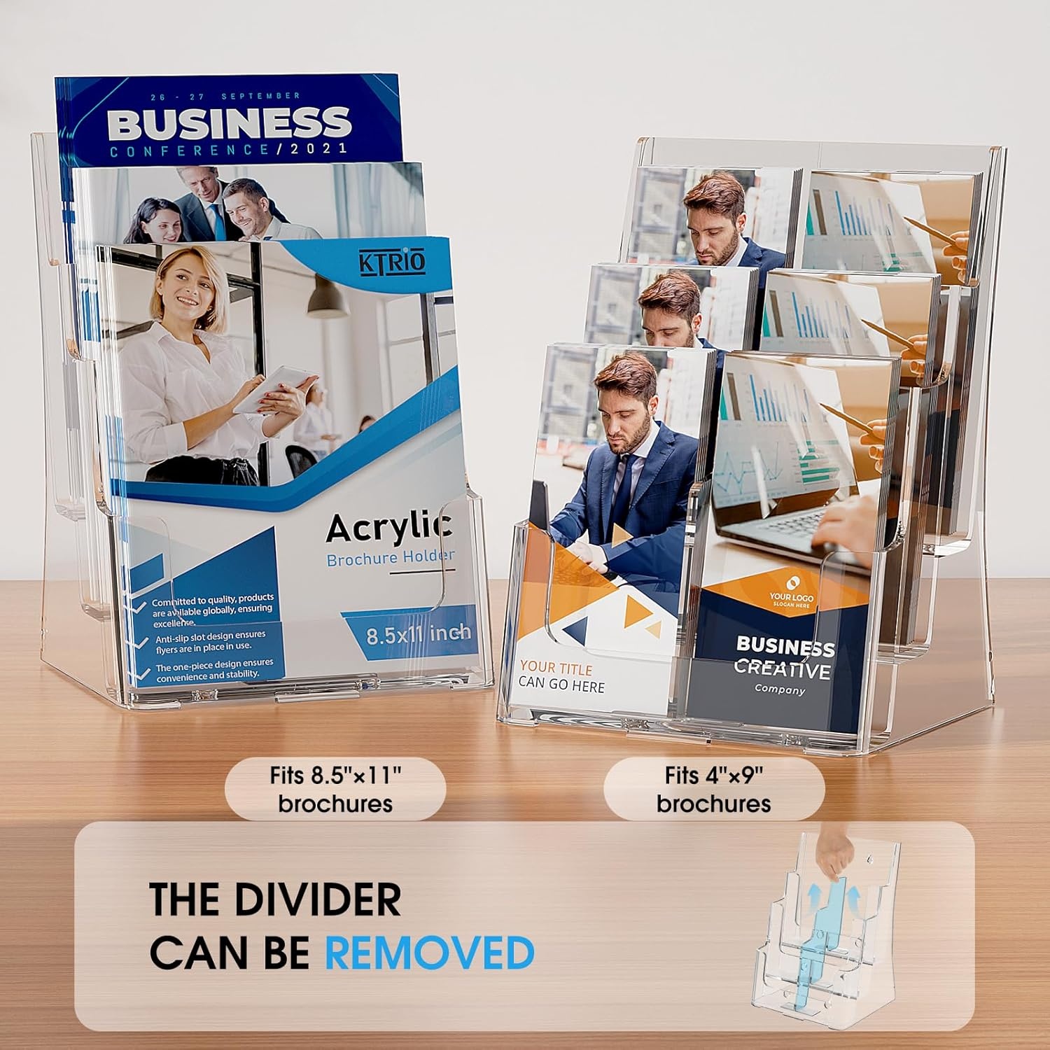 image:imageKTRIO 4 Tier Acrylic Brochure Holder 6 x 9 2 Pack DesktopWall Mount Clear Pamphlet Display Stand Plastic Flyer Organizer for Magazines Literature Catalogs Bifold Brochure Office Store85 x 11 2 Pack 3 Tier