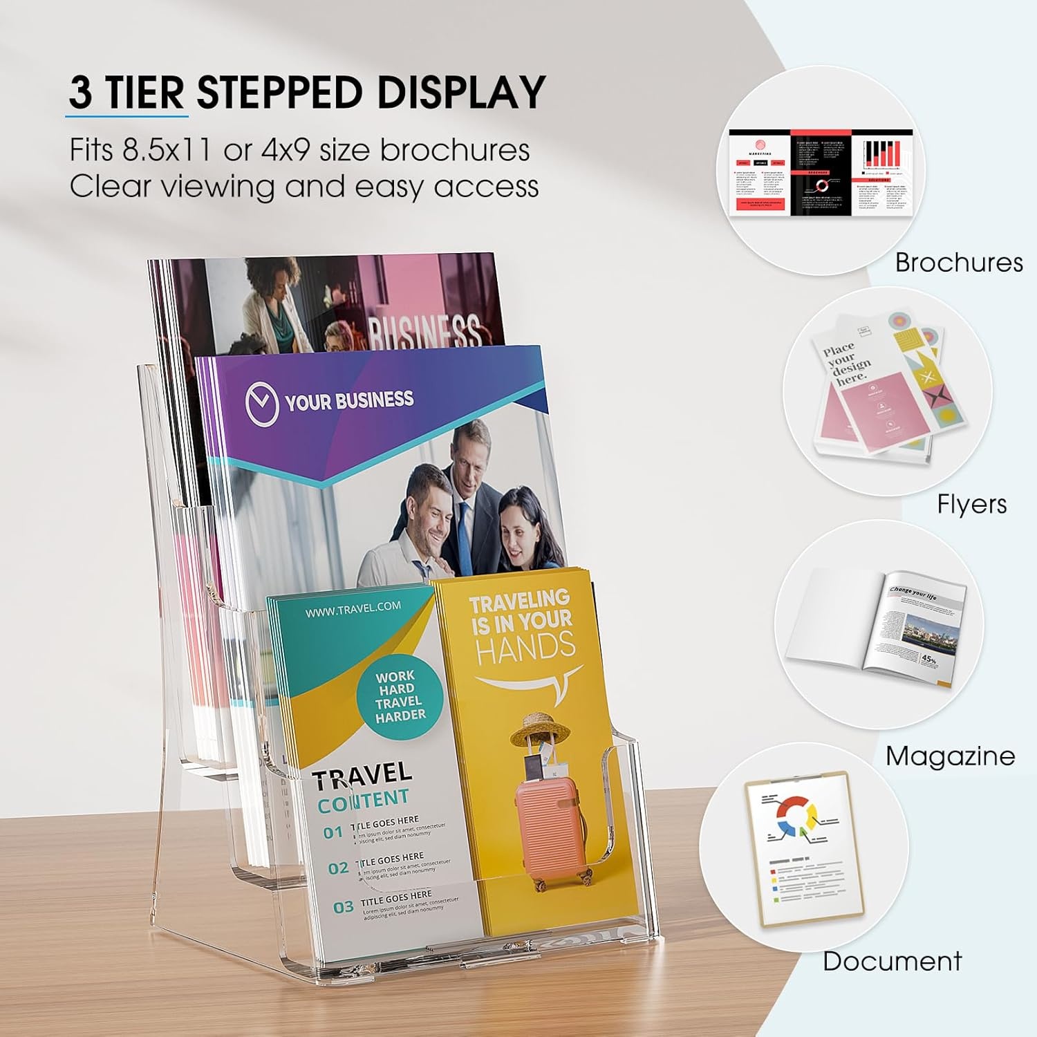image:imageKTRIO 4 Tier Acrylic Brochure Holder 6 x 9 2 Pack DesktopWall Mount Clear Pamphlet Display Stand Plastic Flyer Organizer for Magazines Literature Catalogs Bifold Brochure Office Store85 x 11 2 Pack 3 Tier