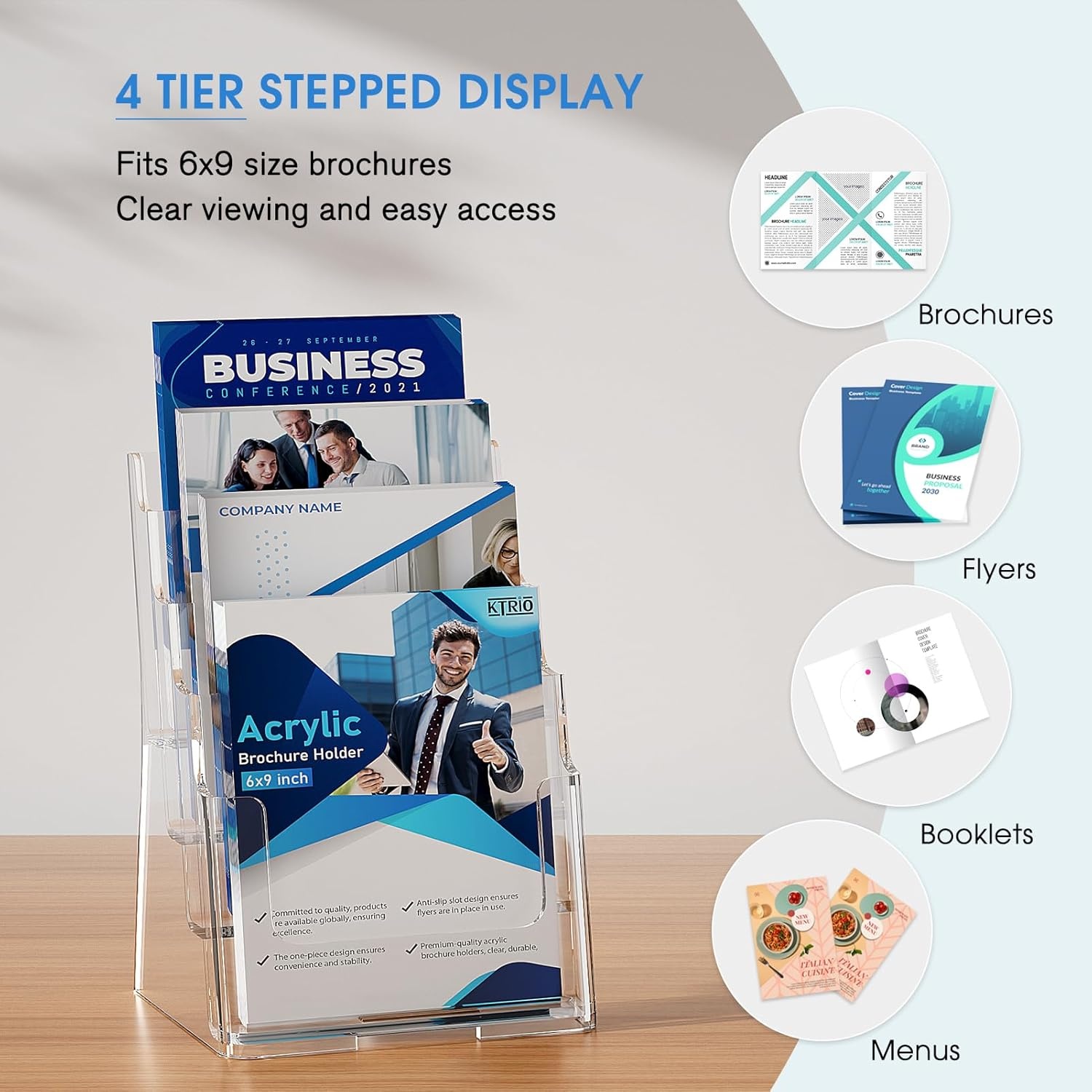 image:imageKTRIO 4 Tier Acrylic Brochure Holder 6 x 9 2 Pack DesktopWall Mount Clear Pamphlet Display Stand Plastic Flyer Organizer for Magazines Literature Catalogs Bifold Brochure Office Store6 x 9 2 Pack 4 Tier