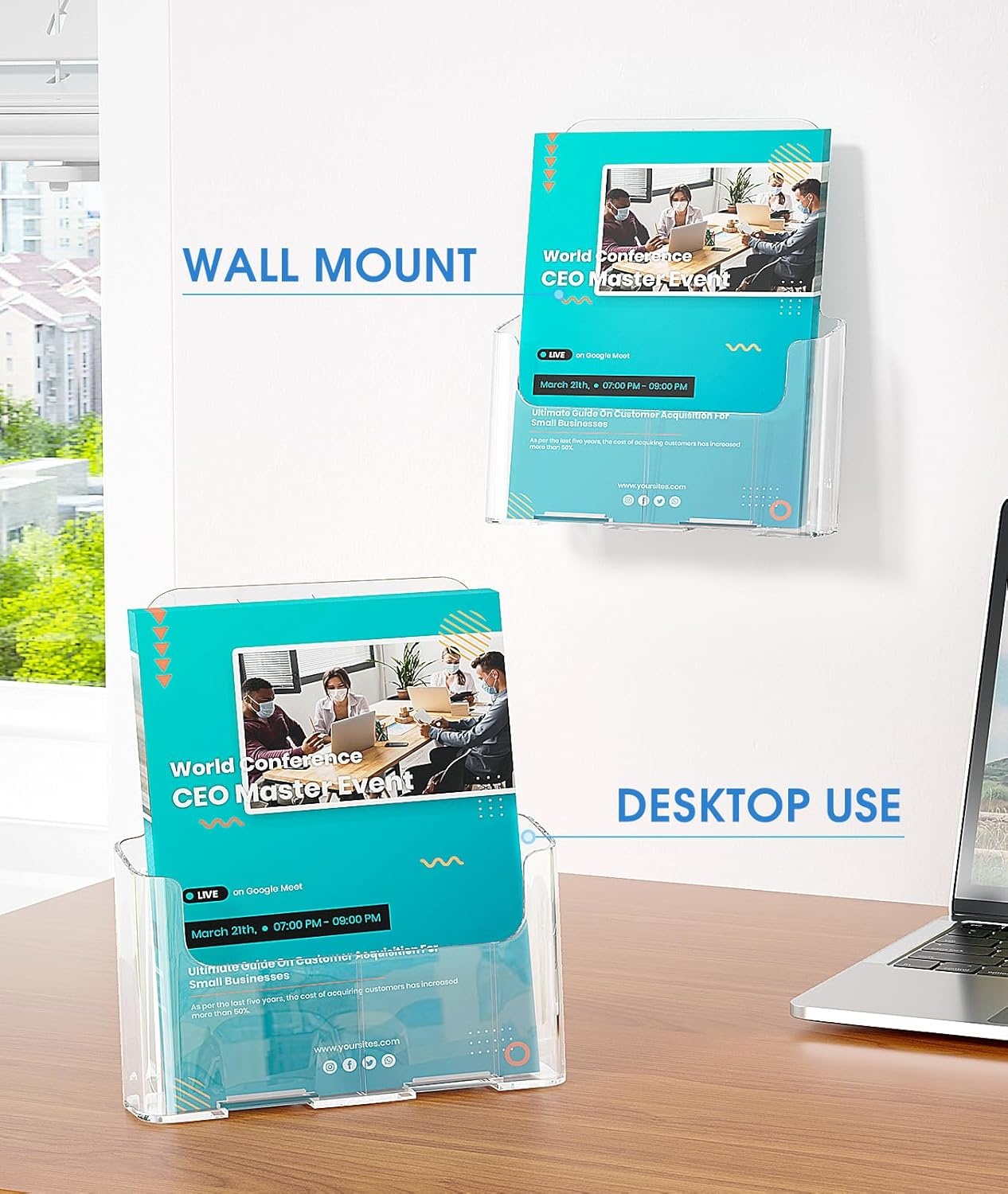 image:imageKTRIO Acrylic Brochure Holder 6 x 9 2 Pack Bifold Flyer Display Stand DesktopWallMount Clear Plastic Stand Fits 6 Wide Magazines Pamphlets Booklets Journals Menus Business Papers85 x 11