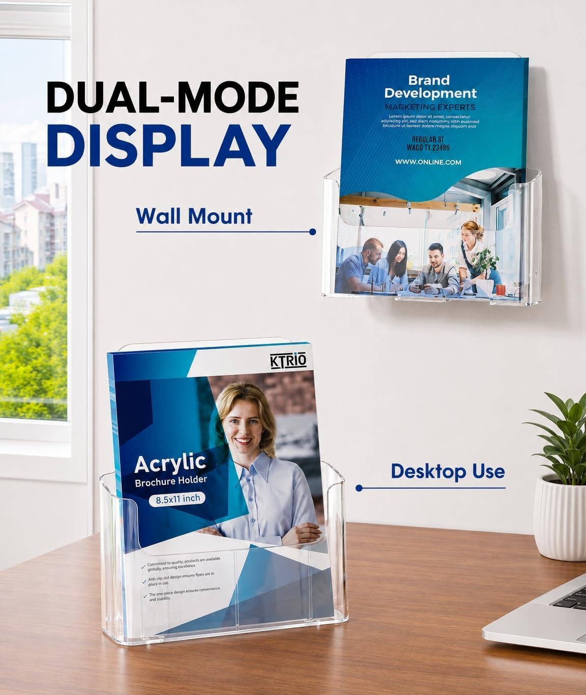 image:imageKTRIO Acrylic Brochure Holder 6 x 9 2 Pack Bifold Flyer Display Stand DesktopWallMount Clear Plastic Stand Fits 6 Wide Magazines Pamphlets Booklets Journals Menus Business Papers85 x 11