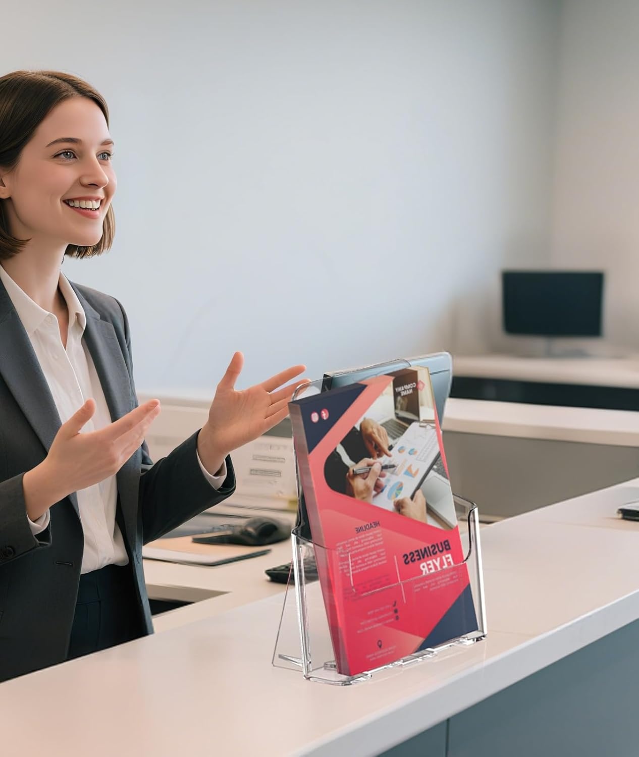 image:imageKTRIO Acrylic Brochure Holder 6 x 9 2 Pack Bifold Flyer Display Stand DesktopWallMount Clear Plastic Stand Fits 6 Wide Magazines Pamphlets Booklets Journals Menus Business Papers85 x 11