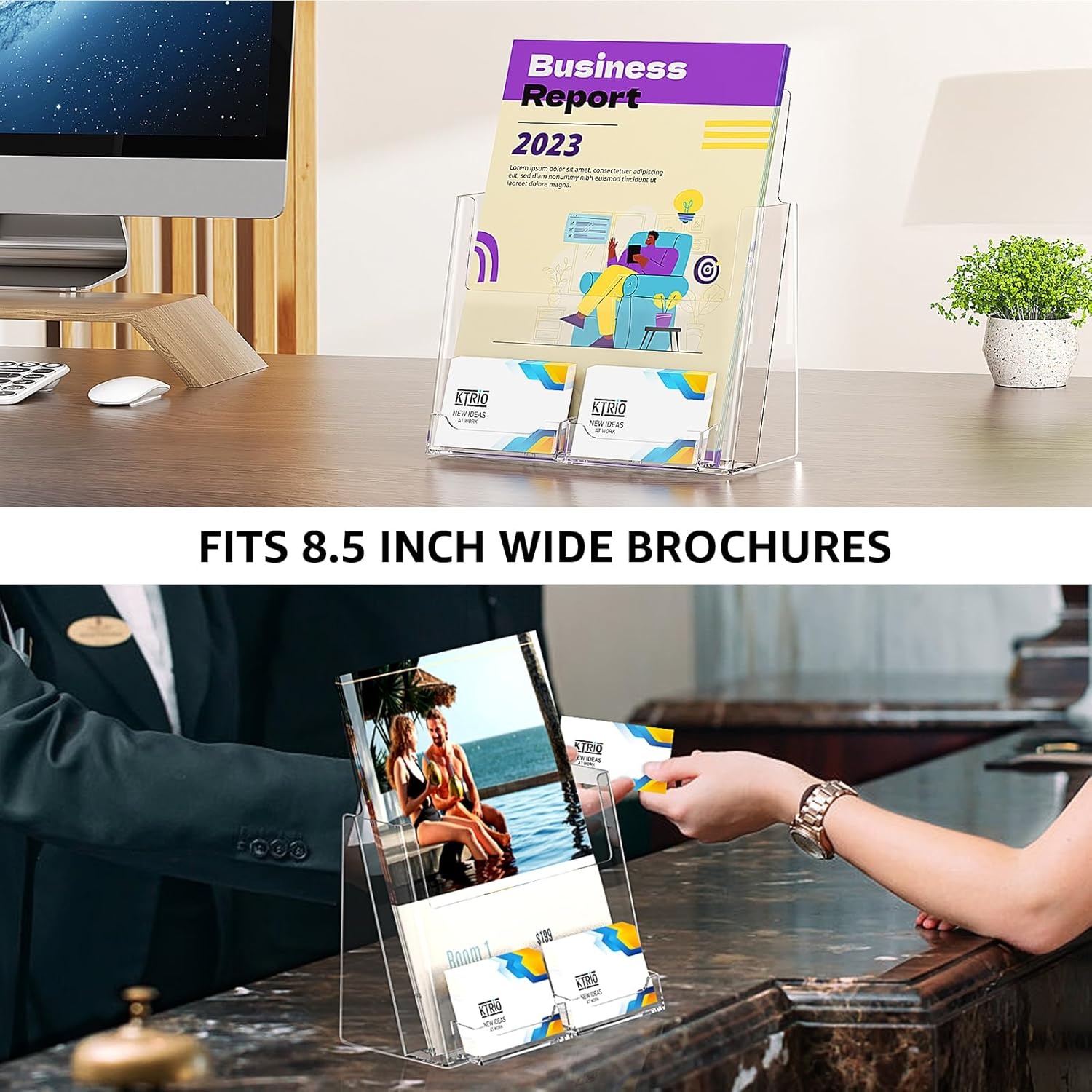 image:imageKTRIO Acrylic Brochure Holder 85x11 with Business Card Holder 2 Pack Display Flyers amp Business Cards Together Fits 85 Pamphlets Literature Magazine Sign for Office School Retail Desktop Use85 x 11