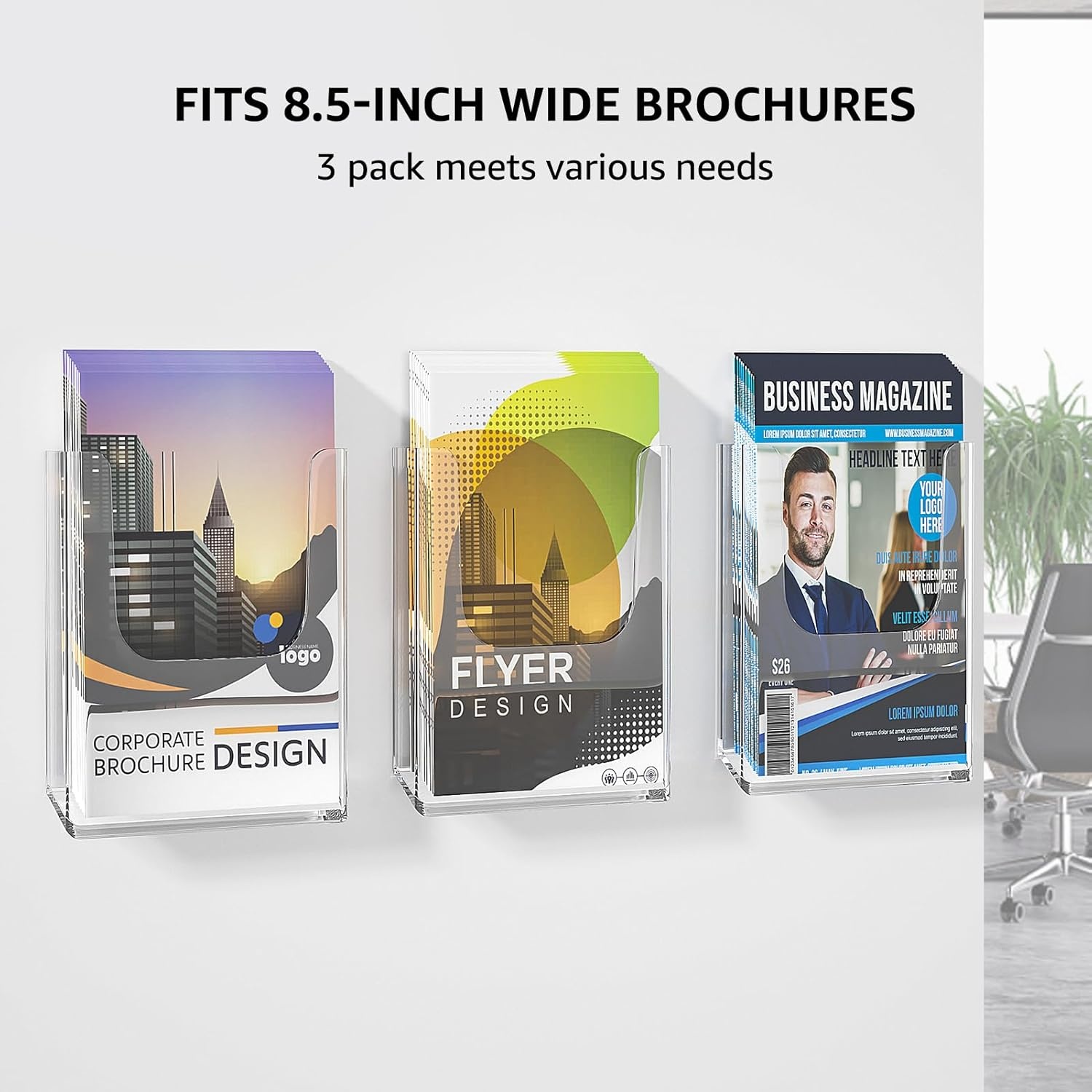 image:imageKTRIO Brochure Holder 85 x 11 Wall Mounted Magazine Flyer Holder 3 Pack Clear Acrylic Fits 85 Wide Brochures Display Pamphlets Literature for Office School Retail Exhibitions Includes Screws85 x 11 3 Pack