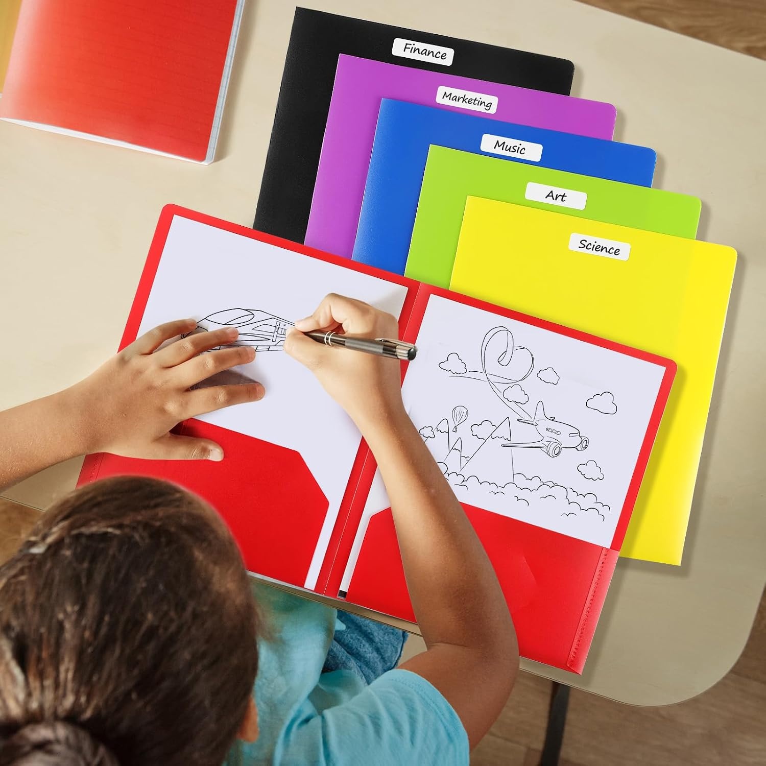 image:imageKTRIO Plastic Folders with Pockets 6 Pack Heavy Duty 2 Pocket Folders with Business Card Slot and Labels for School Office Home