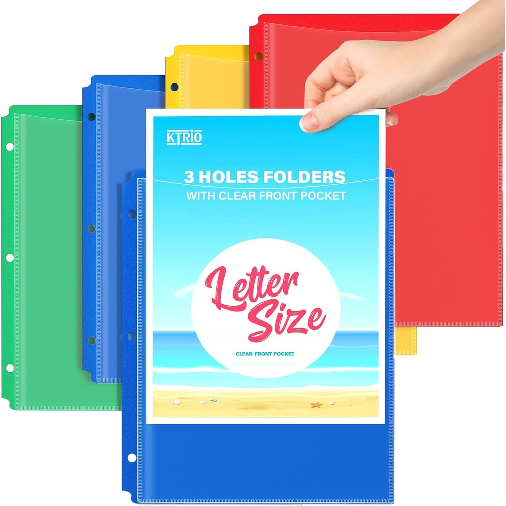 image:imageKTRIO 16 Pack 2 Pocket 3 Prong Folders Clear Front Pocket 4 Colors Letter Size Fit WaterResistant PP Business Card Slot 2 Pocket Storage School Office Use4 Pack