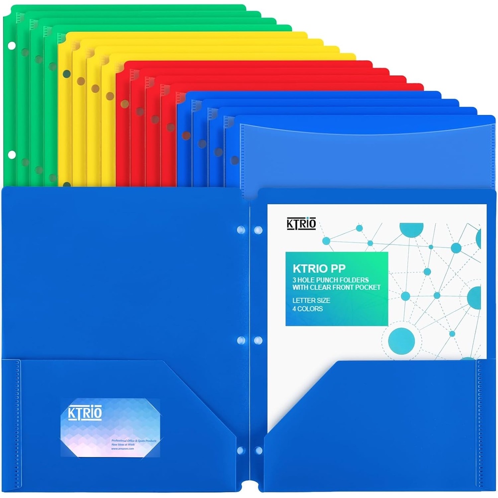image:imageKTRIO 16 Pack 2 Pocket 3 Prong Folders Clear Front Pocket 4 Colors Letter Size Fit WaterResistant PP Business Card Slot 2 Pocket Storage School Office Use16 Pack