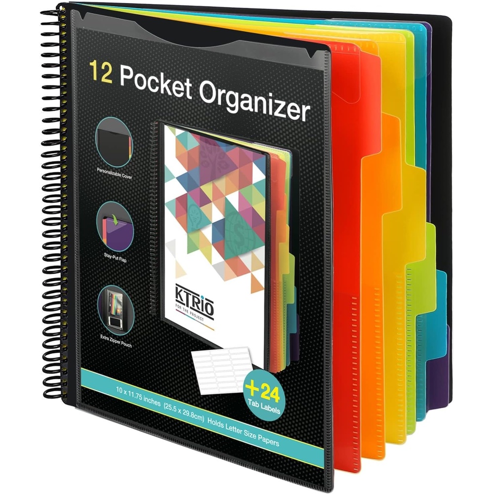image:imageKTRIO 24 Pocket Project Organizer Letter Size Spiral Binder Black 24 Pocket Storage Letter Size Fit WaterResistant Poly Zip Pouch Included Writable Color TabsBlack