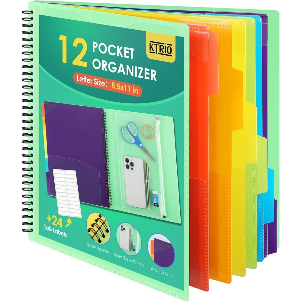 image:imageKTRIO 24 Pocket Project Organizer Letter Size Spiral Binder Black 24 Pocket Storage Letter Size Fit WaterResistant Poly Zip Pouch Included Writable Color TabsGreen