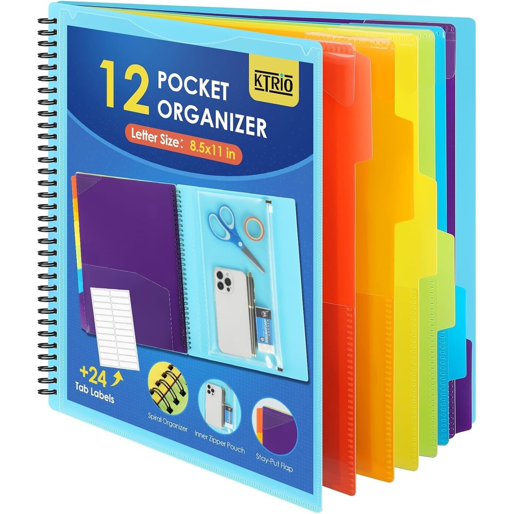 image:imageKTRIO 24 Pocket Project Organizer Letter Size Spiral Binder Black 24 Pocket Storage Letter Size Fit WaterResistant Poly Zip Pouch Included Writable Color TabsBlue