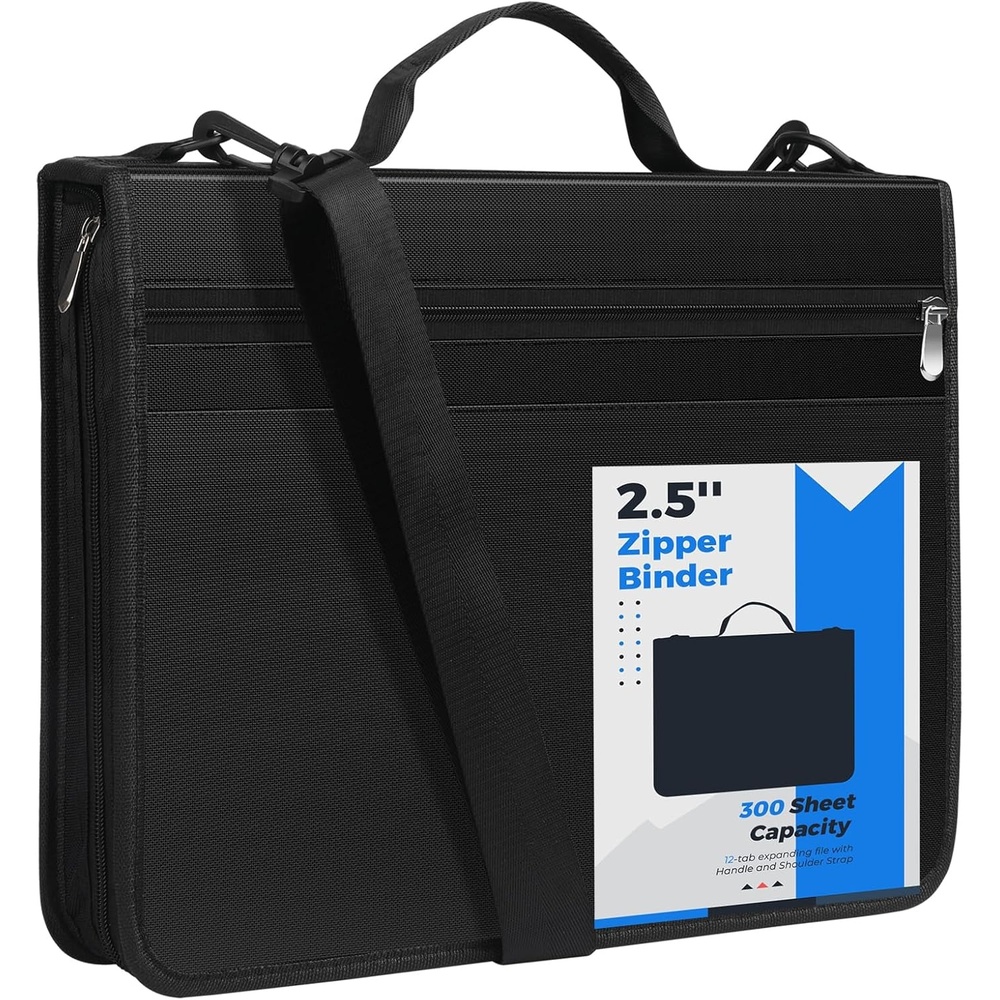 image:imageKTRIO 3 Ring Zipper Binder 12 Tab Expanding File 300 Sheets Black Durable Fabric Cover 12 Tab Expanding File 300 Sheet Capacity Zipper Storage Handle amp Shoulder StrapBlack