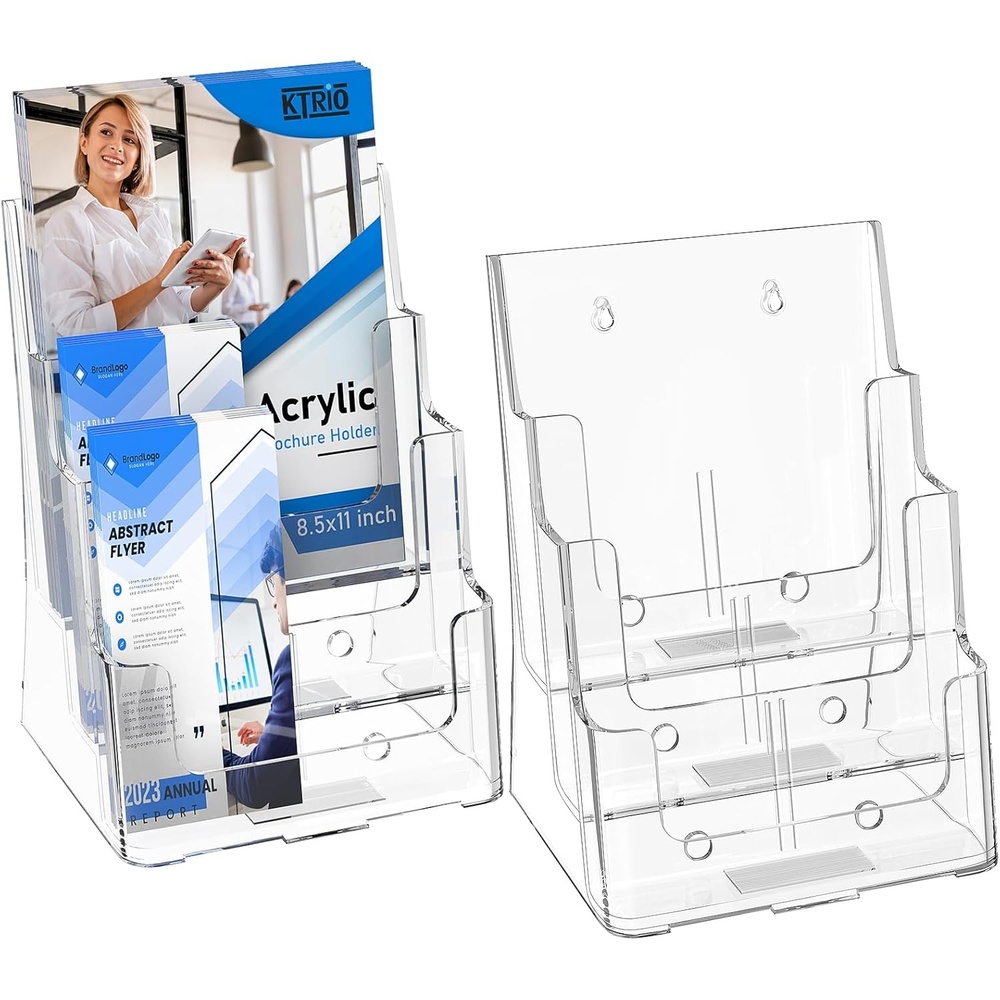 image:imageKTRIO 4 Tier Acrylic Brochure Holder 6 x 9 2 Pack DesktopWall Mount Clear Pamphlet Display Stand Plastic Flyer Organizer for Magazines Literature Catalogs Bifold Brochure Office Store85 x 11 2 Pack 3 Tier