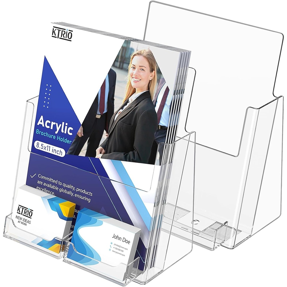 image:imageKTRIO Acrylic Brochure Holder 85x11 with Business Card Holder 2 Pack Display Flyers amp Business Cards Together Fits 85 Pamphlets Literature Magazine Sign for Office School Retail Desktop Use85 x 11