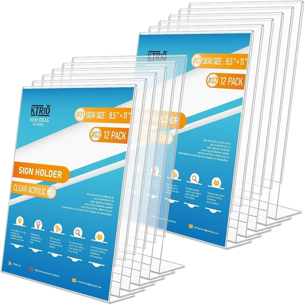 image:imageKTRIO Acrylic Sign Holder 85x11 Inches 12 Pack Clear Display Stand Paper Frame Plastic Menu Flyer Stand Slant Back Document Holder for Stores Restaurants Hotels Office