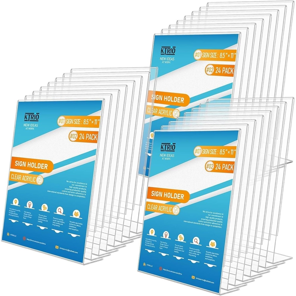 image:imageKTRIO Acrylic Sign Holder 85x11 Inches 24 Pack Clear Display Stand Paper Frame Plastic Menu Flyer Stand Slant Back Document Holder for Stores Restaurants Hotels Office
