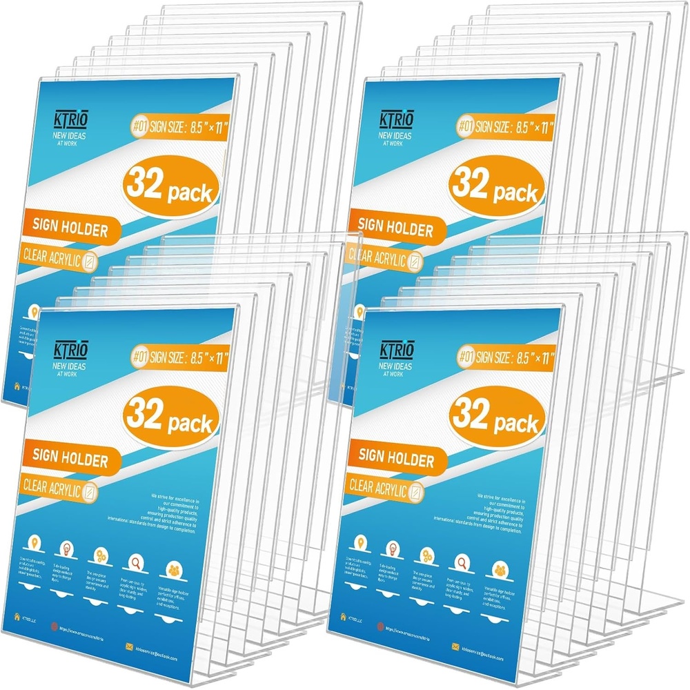 image:imageKTRIO Acrylic Sign Holder 85x11 Inches 32 Pack Clear Display Stand Paper Frame Plastic Menu Flyer Stand Slant Back Document Holder for Stores Restaurants Hotels Office