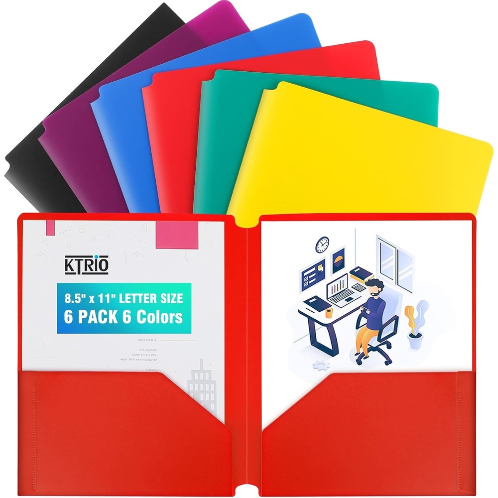 image:imageKTRIO Pocket Folders 6 Pack Plastic Folders with Pockets Colored Heavy Duty 2 Pocket File Folders Letter Size Poly Folders Plastic Pocket Folder for School Office