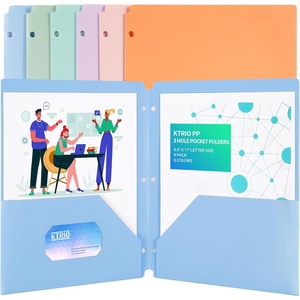 image:imageKTRIO 12 Pack Plastic Pocket Folders 3 Hole Letter Size 6 Assorted Color  3 Hole Punched 2 Pocket Storage WaterResistant PP Business Card Slot 6 Assorted ColorsPastel Colors